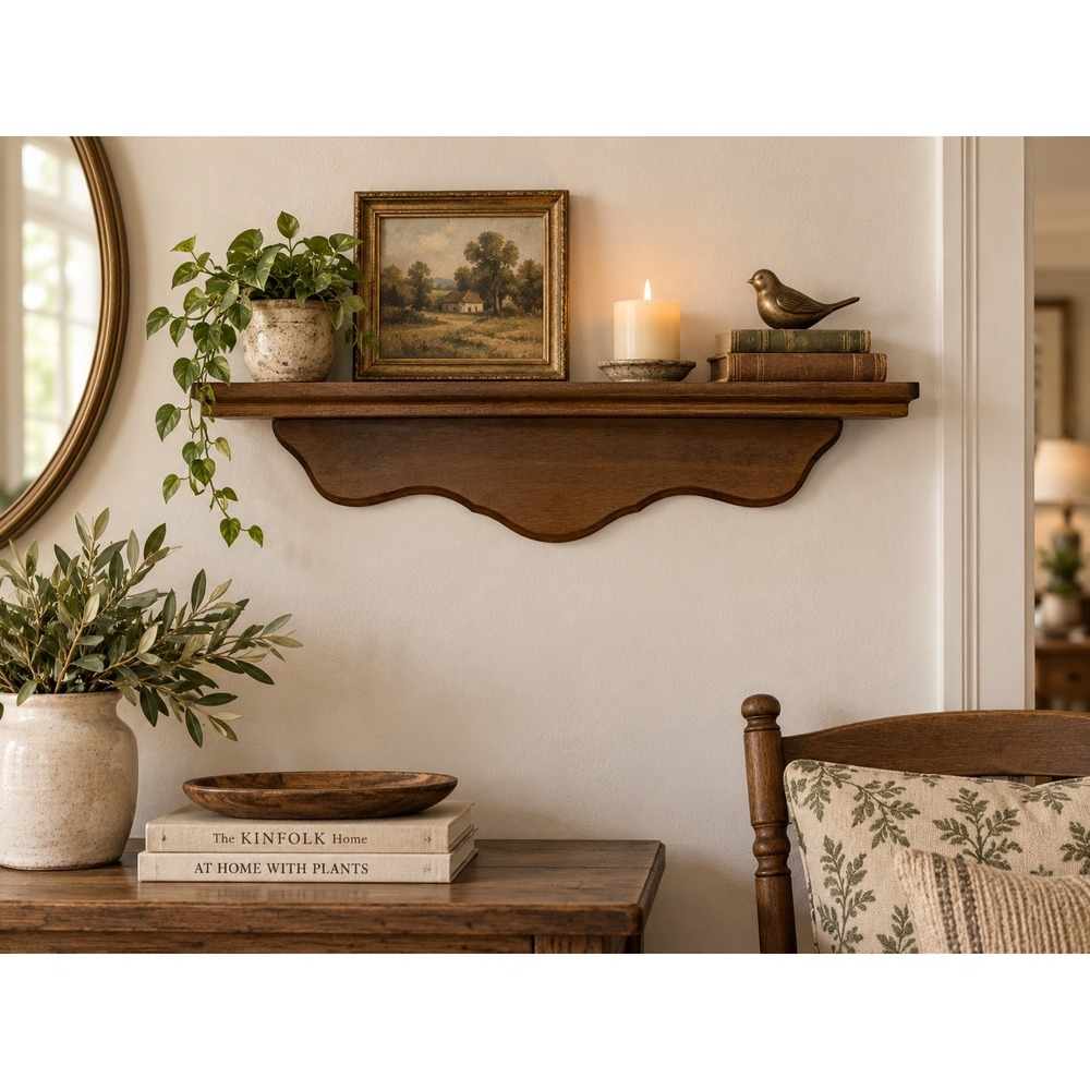 Vintage Scalloped Wood Floating Wall Shelf Walnut Finish 17.5 Inch Ledge